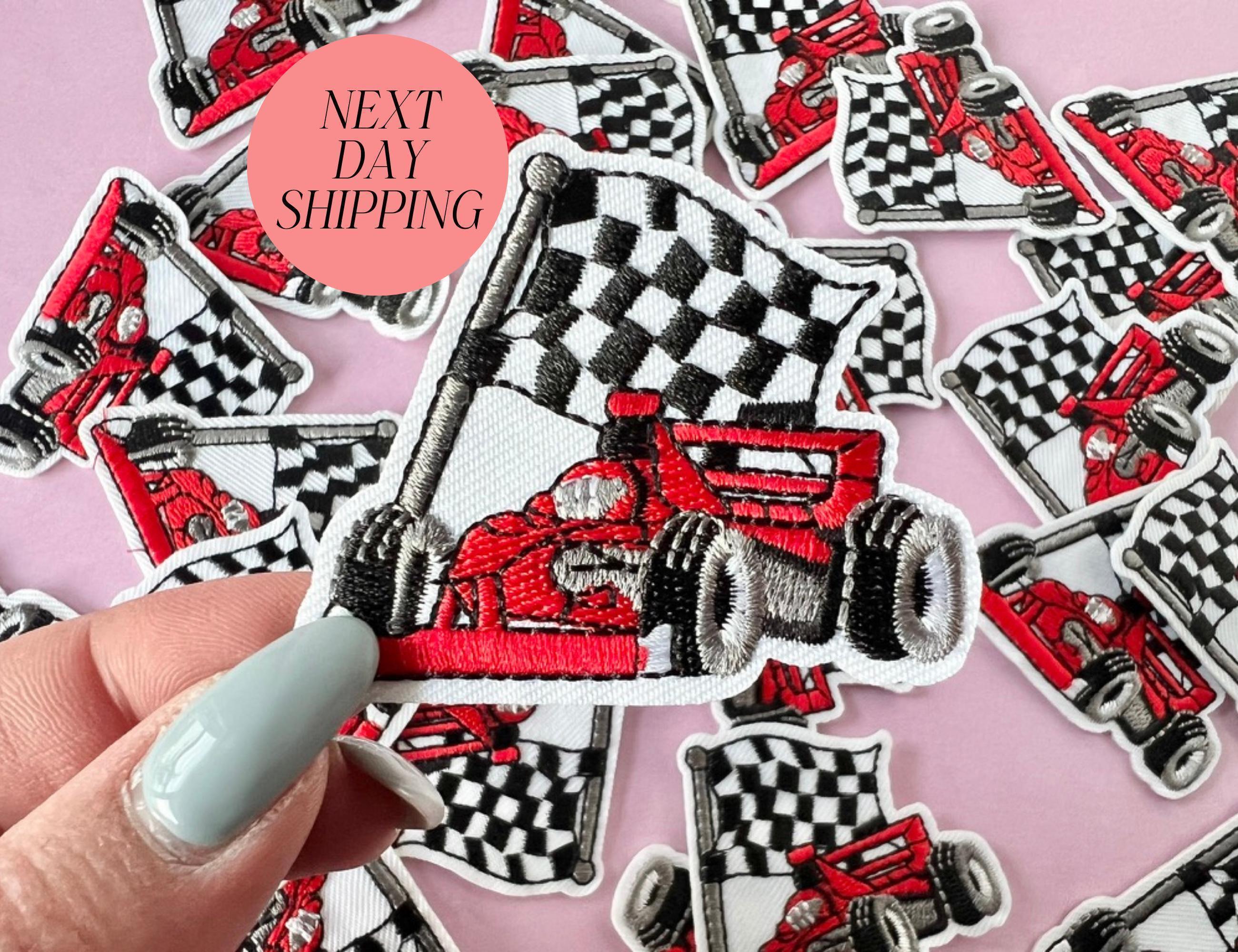 Boy Racing Patch Go Kart Embroidery Design Patch Checkered Flag Iron On Patch for Hat Motorsport Design Patches Red Race car Patch Idea Kid