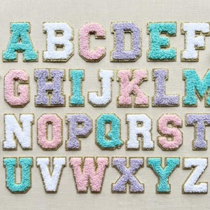 Chenille Iron On Letter Patch Gold Trim Varsity Letter for Denim Jacket Patch Pastel Letter Appliqué for DIY Sewing Project Alphabet Patches