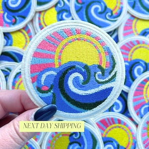 Ocean Sunrise Embroidered Patch: Beach Wave Iron-On Applique