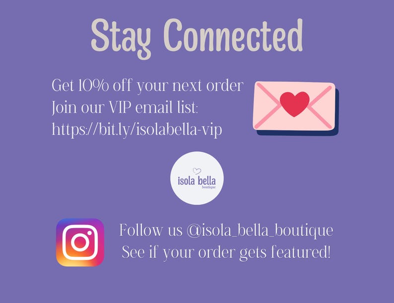 The image is a promotional graphic for a clothing store, featuring a QR code, a social media icon, and text instructions for customers to stay connected and receive a 10% discount on their next order.