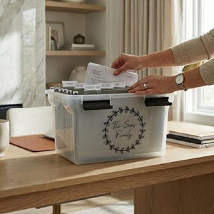 May include: A clear plastic file box with black handles and labeled dividers. The box has a black wreath design with the text "The Sims Family". The box is on a wooden desk.