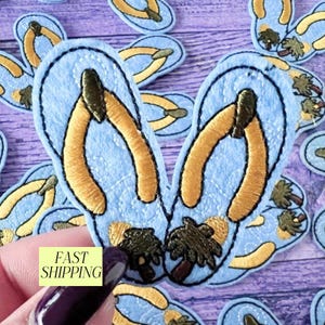 Flip Flop Iron On Patch Beach Palm Tree Embroidered Applique