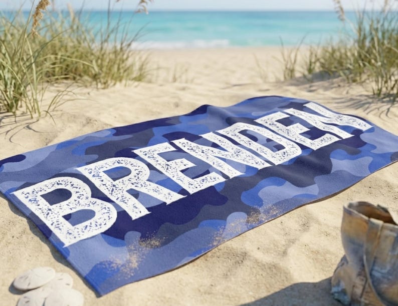 Blue personalized beach towel Brenden on sand, summer present boy bath wrap personalized name gift custom summer camp birthday favor pool party gift for little boy