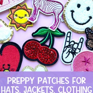 a pile of different patches with the words preppy patches for hats, jackets,