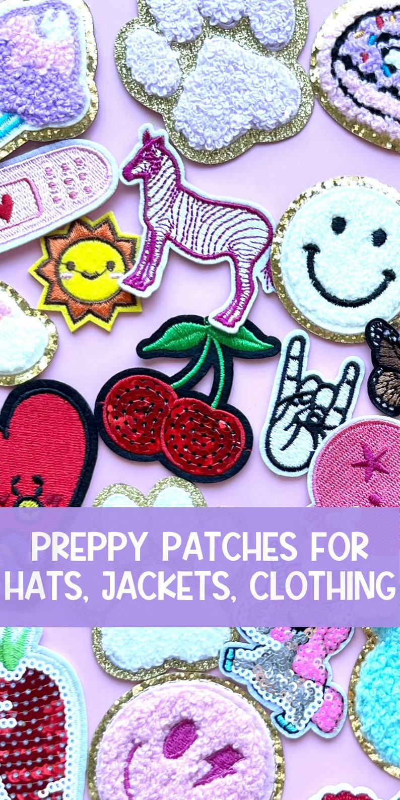 a pile of different patches with the words preppy patches for hats, jackets,