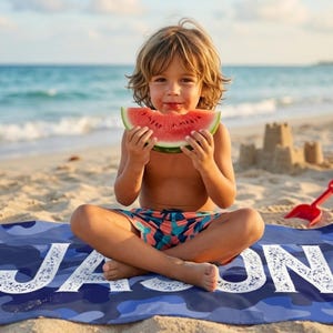 Boy eating watermelon on custom name towel Jason, summer present boy bath wrap personalized name gift custom summer camp birthday favor pool party gift for little boy