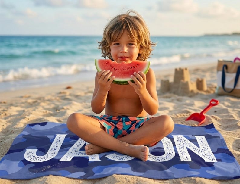 Boy eating watermelon on custom name towel Jason, summer present boy bath wrap personalized name gift custom summer camp birthday favor pool party gift for little boy