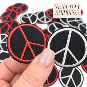 Retro Peace Sign Patch Embroidered Iron-On Applique Small Black Patches for Boys Backpack Patches for Kids Red Patches for Denim Jackets