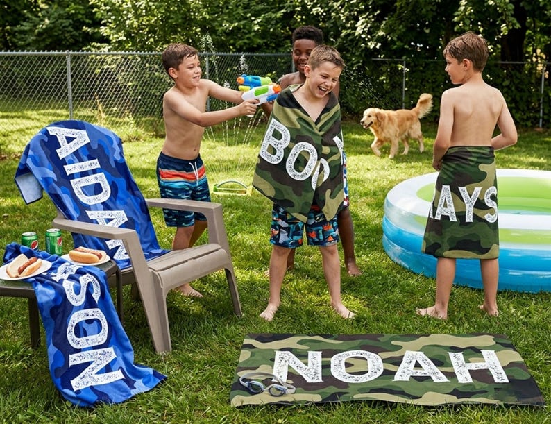 Kids playing with personalized name towels outdoors, summer present boy bath wrap personalized name gift custom summer camp birthday favor pool party gift for little boy
