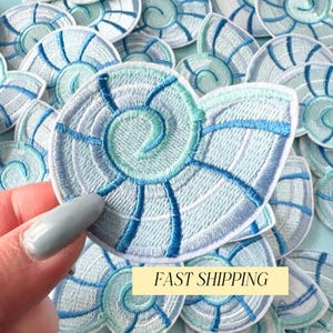 Seashell Iron On Patch Light Blue  White Nautical Applique