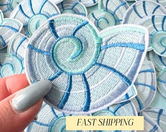 Seashell Iron On Patch Light Blue  White Nautical Applique