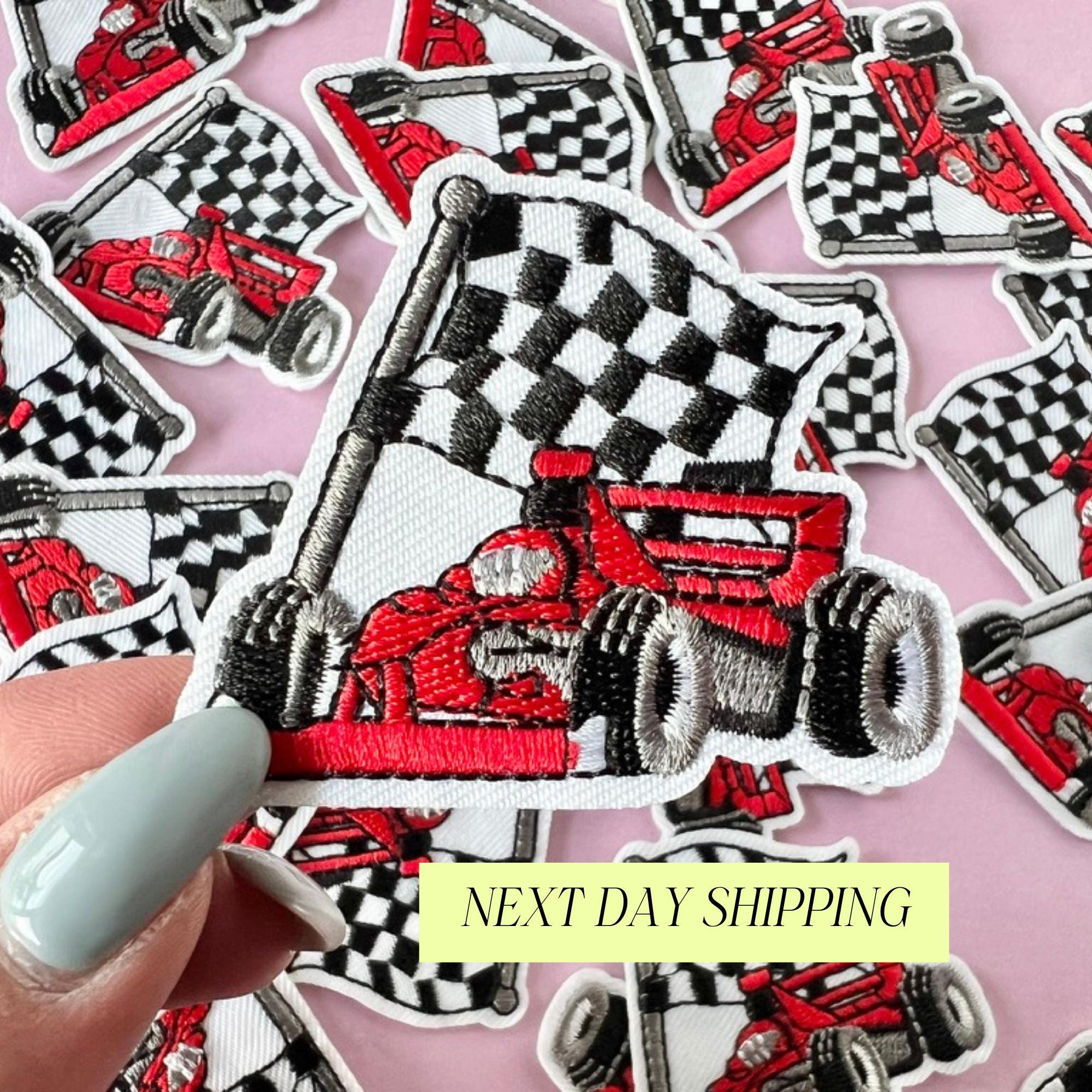 Boy Racing Patch Go Kart Embroidery Design Patch Checkered Flag Iron On Patch for Hat Motorsport Design Patches Red Race car Patch Idea Kid