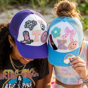 Personalized Patch Trucker Hat Custom Initial Cap for Kid Summer Hat with Patch for Girl Birthday Party Gift for Daughter from Mom and Dad