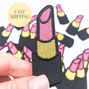 Lipstick Iron On Patch Embroidered Pink Lipstick Patch Jacket Patch Makeup Sew On Patch Girly Bag Patches Cosmetics Iron-On DIY Clothing