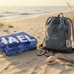 Folded personalized name towels with beach bag setup, summer present boy bath wrap personalized name gift custom summer camp birthday favor pool party gift for little boy
