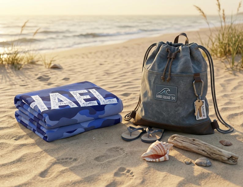 Folded personalized name towels with beach bag setup, summer present boy bath wrap personalized name gift custom summer camp birthday favor pool party gift for little boy