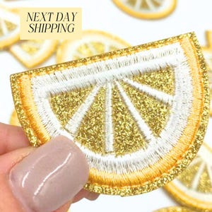 Iron On Lemon Patch Gold Glitter Embroidered Appliqué for Clothing Yellow Patches Small Hat Patch Fruit Design Patch for Summer Craft Supply