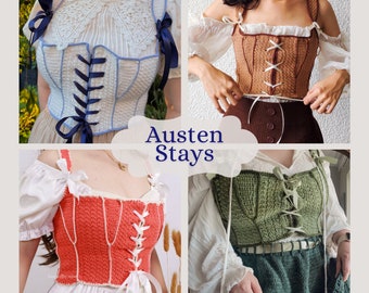 May include: Four different crochet tops with lace detailing and ribbon ties. The tops are in various colors, including brown, green, blue, and red. The tops are all made with a crochet stitch and have a vintage look.