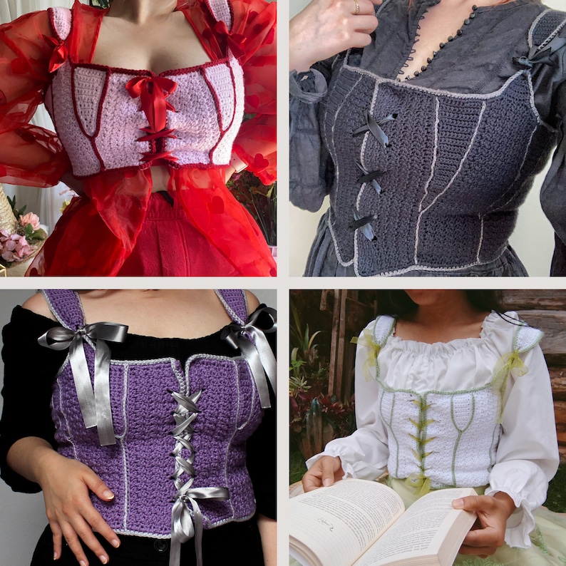 Op de afbeelding: Vier gebreide tops in verschillende kleuren en stijlen. De eerste is roze met rode bies, de tweede is grijs met witte bies, de derde is paars met zilveren bies en de vierde is wit met groene bies.