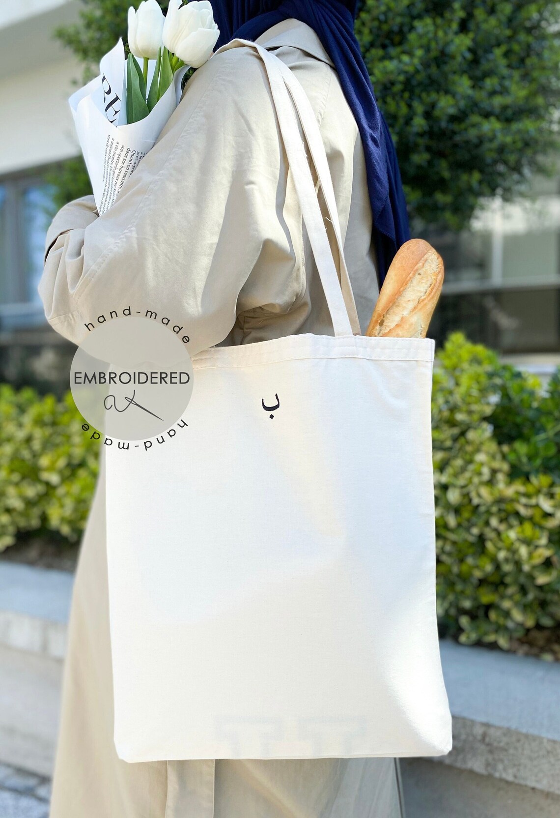 Embroidered Custom Arabic Letter Canvas Tote Bag Personalized Tote Bag
