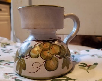 Vintage made in Italy hand painted mini pitcher, creamer, olive oil pourer, grapes, handle, pottery