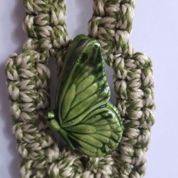 Vintage macrame towel holder, hang on handle, doorknob or hook, ceramic butterfly accent, green, bamboo