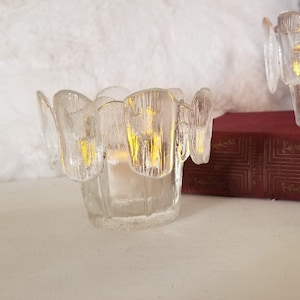 Vintage 1980&#39;s Viking Finnish crown glass candleholders, set of 2, clear glass, snowflake