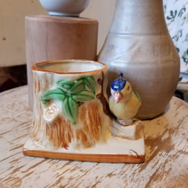 Vintage planter, pencil cup, catch all, made in Japan, blue, pink, purple bird with tree trunk, parrot, jay, ceramic