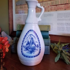 Contenedor vintage Jim Bean en azul y blanco, azul de Delft, bourbon, años 60, barcos, náutico, decantador