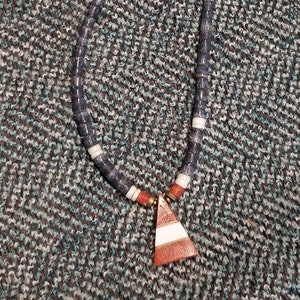 Vintage Santo Domingo blue, white, and red shell and stone necklace, Heishi necklace 70&#39;s