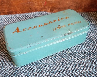 Vintage sewing machine accessories tin, hinged lid, aqua, lettering, metal storage, assorted screwdrivers