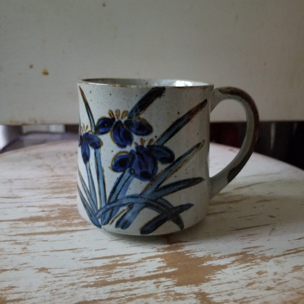 Vintage mug in an Otagiri style, grey base, speckled brown, hand painted, blue iris, stoneware