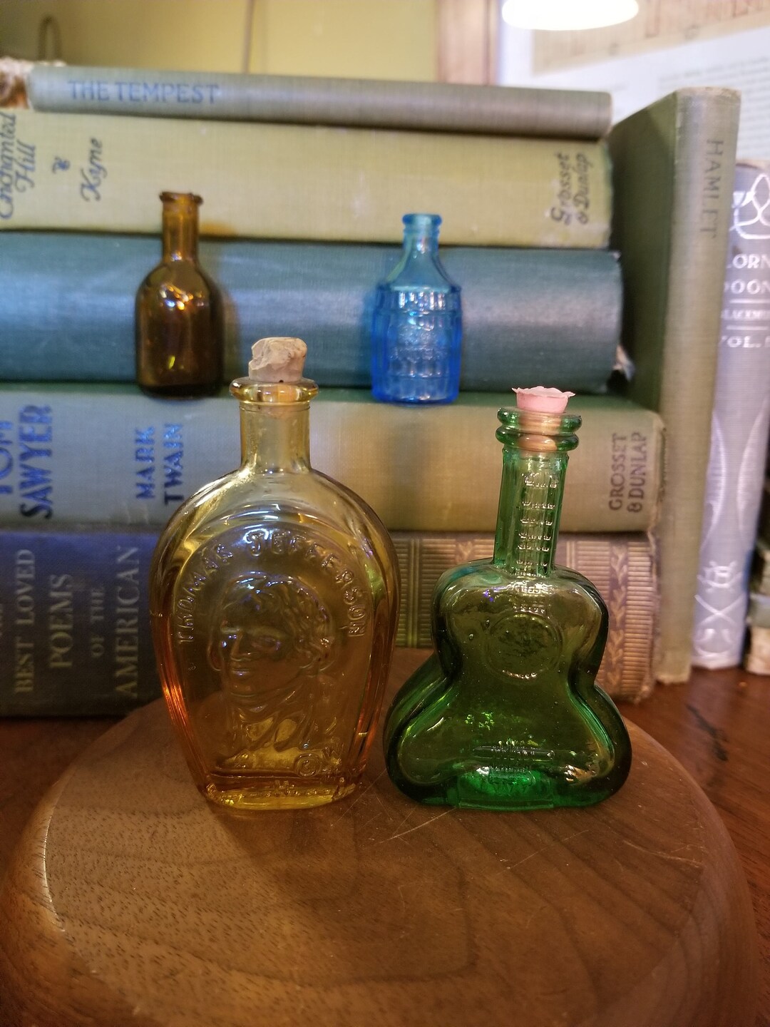 Vintage Bitters Bottles, Sold Individually, Blue Barrel, Brown Bottle, Green Guitar Bottle