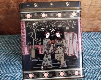 Vintage tin, tea, Asian scenes on sides, cranes and designs on top, faded