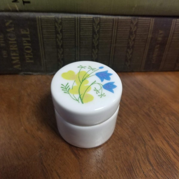 Vintage ceramic pill box, white with blue and green floral accent, VANDOR 1968 Japan