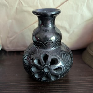 Vintage Dona Rosa pottery, Oaxaca, Mexico, barro negro, art pottery, vase with cutouts, signed on base