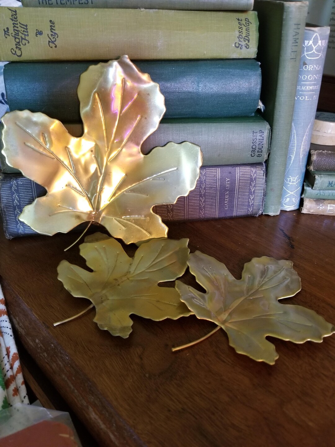 Vintage Leaf Trio Wall Art, Hanging, Brass Color, 2 Small, 1 Large