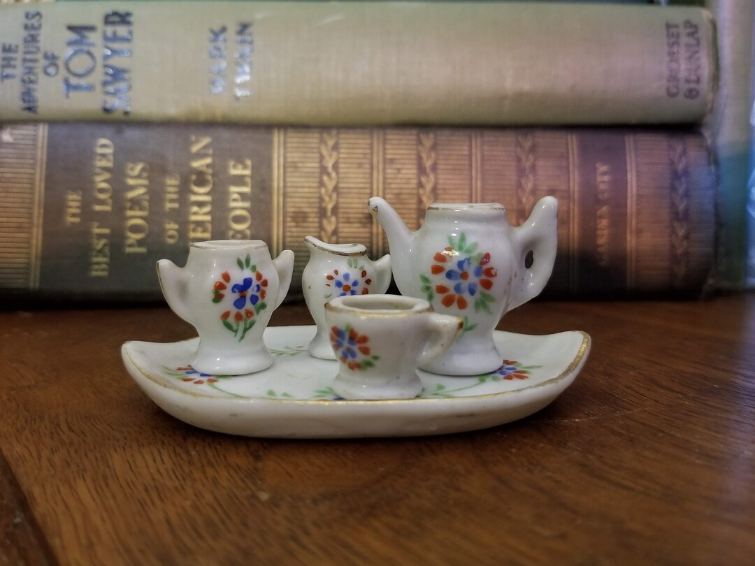 Vintage Porcelain Mini Tea Set With Tray, Flower Design, Made in