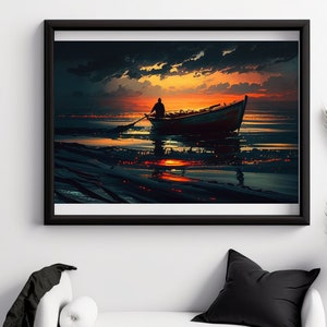 Ocean Sunset Row boat, wall art, printable art, digital print, landscape, Digital Download