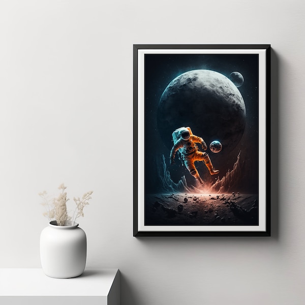 Astronaut Playing Soccer on the Moon, Digital Print, Wall Art