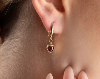 14K Gold Birthstone Earrings, Heart Birthstone Earrings, Dangling Birthstone Earrings, Love and Heart Earring, Birthday Gift, Christmas Gift