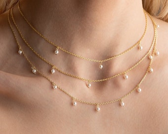 Dainty Pearl Necklace, Gold Pearl Necklace, Tiny Pearl Necklace, Pearl Choker, Floating Pearl Necklace, Mothers Day Gift Gifts, Gift for Her