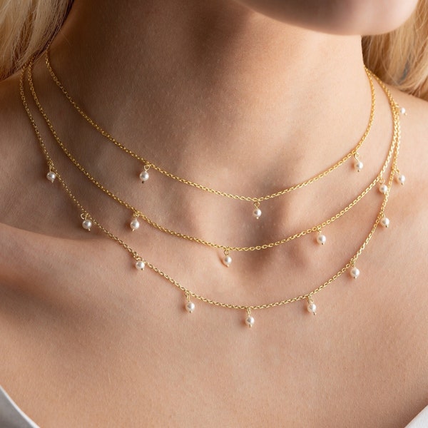 Dainty Pearl Necklace, Gold Pearl Necklace, Tiny Pearl Necklace, Pearl Choker, Floating Pearl Necklace, Mothers Day Gift Gifts, Gift for Her