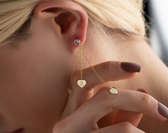 Birthstone Earring, Triple Chain Earring, Drop Chain Earring, 14K Gold Earring, Dangle Letter Earring,  initial Earrings, Family Earring