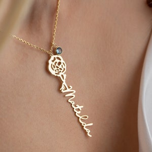 Collier de fleurs de pierre de naissance, collier de fleurs de naissance, collier de nom personnalisé, collier de nom de fleur personnalisé, cadeau d’anniversaire, cadeau de Noël
