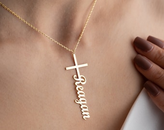 Name Cross Necklace, Cross Necklace, 14K Gold Cross Necklace, Christian Necklace, Religious Necklace, Jesus Christ Necklace, Christmas Gift