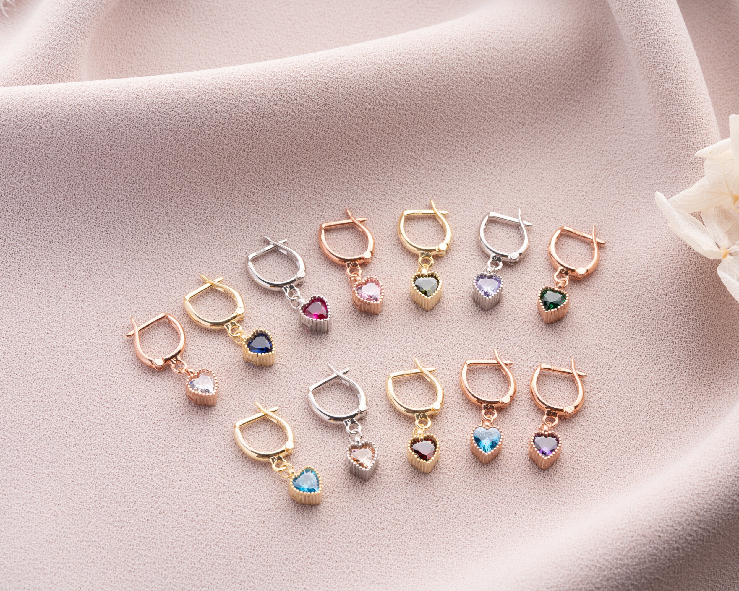 14K Gold Birthstone Earrings, Heart Birthstone Earrings