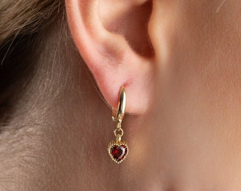 Birthstone Hoop Earrings, Dangle Heart Birthstone  Earrings, Dangling Gemstone Earrings, Birthstone  Earrings, Christmas Gift, Hoop Earrings