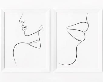 Minimalist Line Art Print Set of 2, Elegant Female Face and Lips Illustration, Contemporary Wall Decor, Digital Download