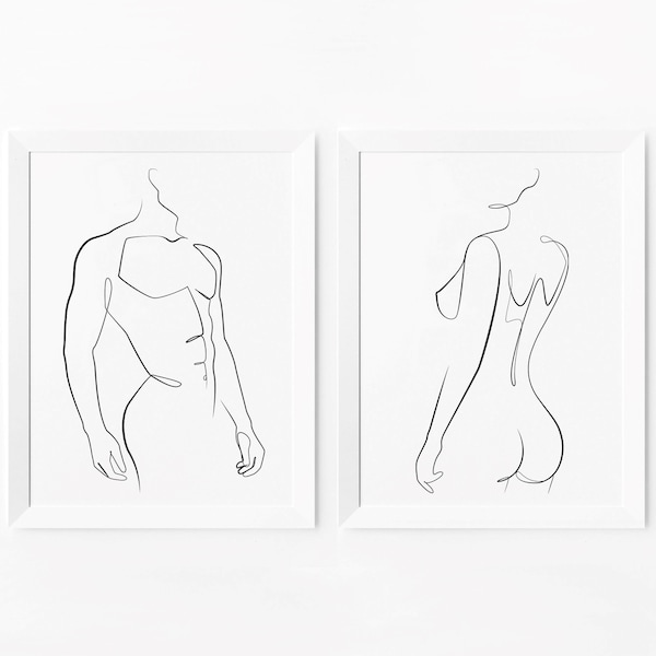 Ensemble de 2 estampes, dessin au trait homme et femme, dessin au trait, art abstrait de couple, impression femme minimaliste, ensemble mural de galerie, décoration murale maison